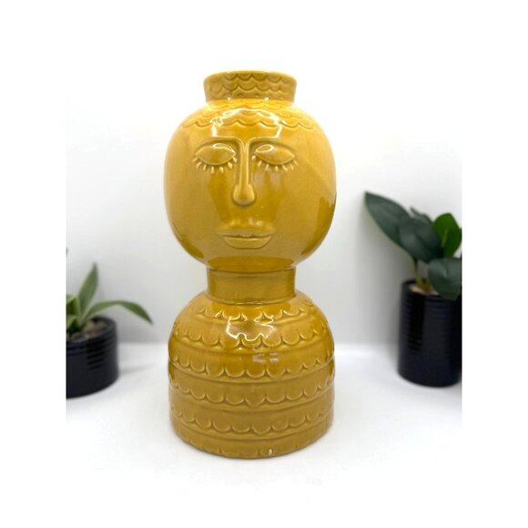 Three Hands Yellow Ceramic-Porcelain Decorative Vase With Face Design - Picture 1 of 8